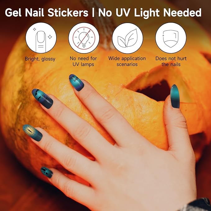 Halloween Gel Nail Stickers No UV Light Needed, 22Pcs Gel Nail Strips Set, NailWraps Polish Art DIY for Women, Salon Quality, Includes Prep Pads & Wood Stick (Bat)