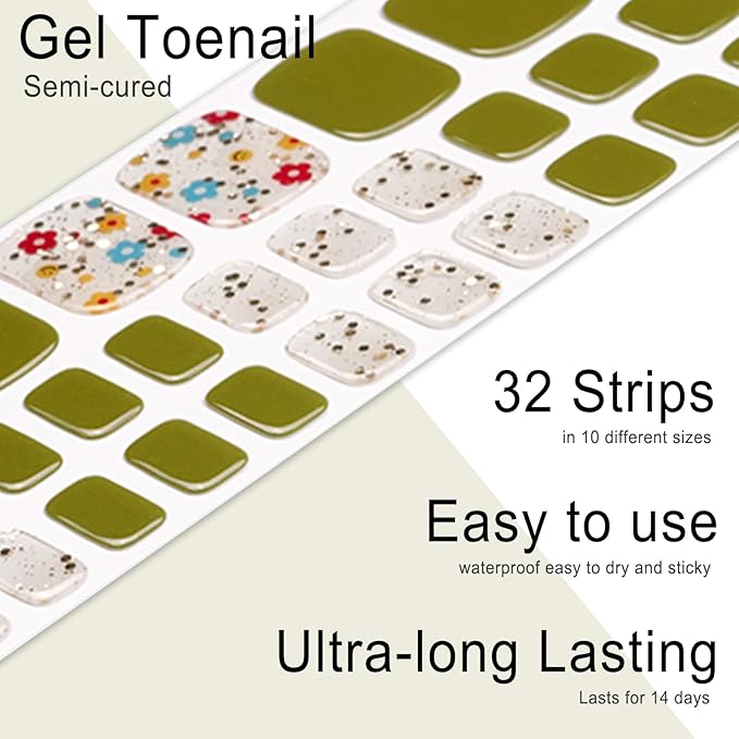 Semi Cured Gel Toenail Strips, 32 Green Gel Toenail Stickers - Works with Any UV Lamps Pedicure Strips Full Nail Wraps with Nail File & Wood Stick