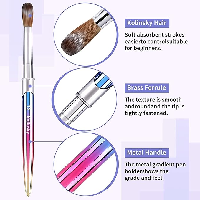 100% Kolinsky Acrylic Nail Brush,3D Nail Brushes for Acrylic Application(Size 8/10/12/14/16/18) Round Shape Pure Handmade, Professional Nail Art Brush Manicure for Women (#10)