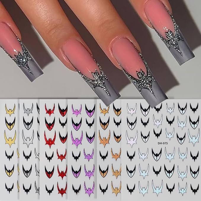 Bat Nail Stickers for Nail Art, Halloween Nail Art Stickers Black Gold Red Purple Silver Bat Nails Design Decals Halloween Manicure Decoration Accessories Supplies for Women 6 Sheets