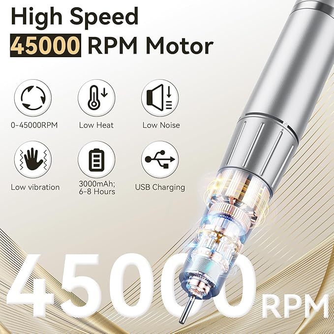 Cadrim Portable Electric Nail Drill Professional 45000 RPM, 2025 Upgrade-Speed Control Disc, Rechargeable Electric Nail File for Acrylic Gel Nails, Nail Drill Kit for Salon Home, White