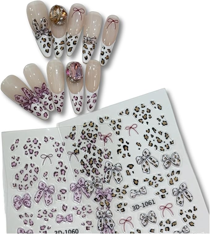 Leopard Print Bow Nail Stickers Self-Adhesive, 2 Sheets Mini Nail Art Decorations Kit - DIY Easy Apply for Everyday, Party, Gifts