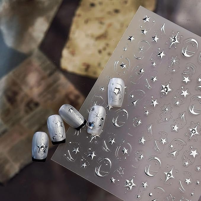 1Sheet Moon Star Nail Art Stickers 5D Embossed Silver Nail Stickers Luxury Star Moon Sticker for Nails Designs Diamond Star Nail Decals Y2K Nails Supplies Manicure Accessories for Women