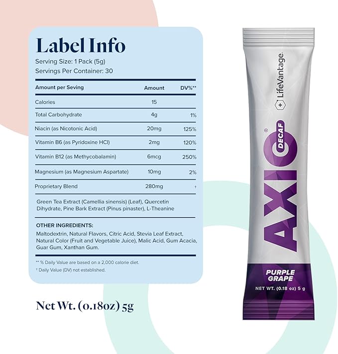 LifeVantage AXIO Regular Energy Drink Powder, Nootropic Supplement, Focus & Mood Support, with L-theanine, Green Tea, B Vitamins, DMAE, Quercetin & Pine Bark, Purple Grape, 30 Packets