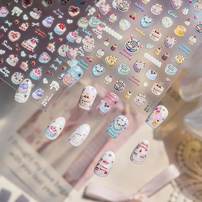 Christmas Nail Stickers 5D Birthday Cake Candle Nail Art Stickers Bow Fruit Nail Decals Self Adhesive Design 3D Cute Sticker Holiday Nail Art Decoration for Girls Women Manicure Accessories