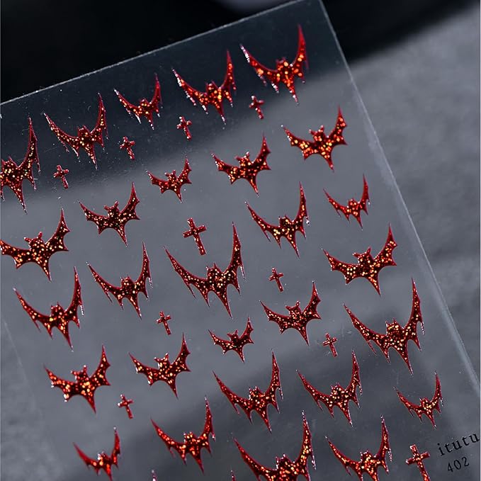 Halloween Nail Stickers Bat Nail Art Decals Red Bronzing Self-adhesive Nail Stickers Shiny Bat Nail Art Supplies French Tip Manicure Decals Cute Halloween Nails Accessories for Women Nails Decorations
