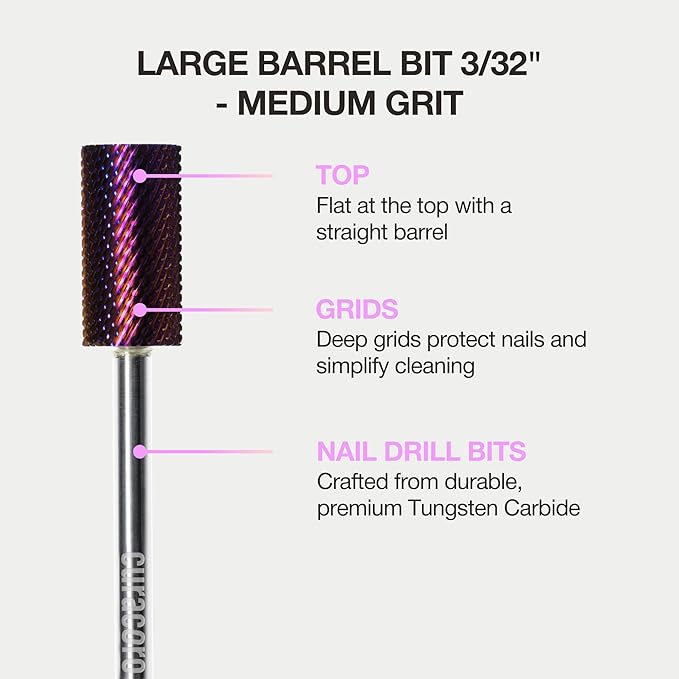 Curacoro Nail Drill Bits 3/32'' - Safe Smooth Stop Large Barrel Carbide Bit (Medium) for Professional Finish, Fast Remove, Refine & Smooth Acrylic or Gel Nails, Nail Art Pedicure Manicure Salon & Home