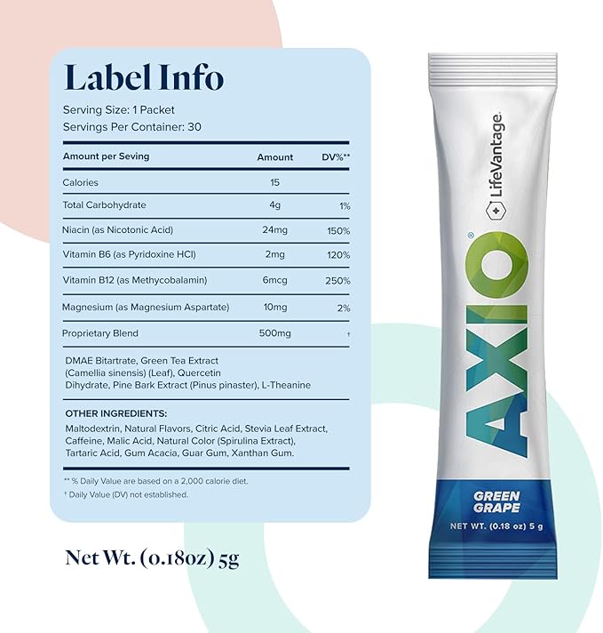 LifeVantage AXIO Regular Energy Drink Powder, Nootropic Supplement, Focus & Mood Support, with L-theanine, Green Tea, B Vitamins, DMAE, Quercetin & Pine Bark, Green Grape, 30 Packets
