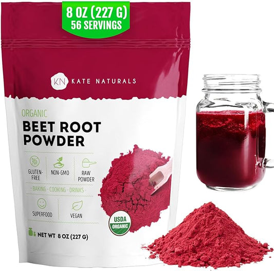 Kate Naturals Organic Beet Root Powder for Smoothies, Baking & Juice. Raw Beetroot Superfood Extract & Natural Red Food Coloring & Nitric Oxide (8oz, Non-GMO, Earthy Flavor)