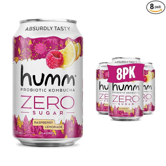 Humm Probiotic Kombucha Zero Sugar Raspberry Lemonade, No Refrigeration Needed, Keto Friendly, Organic, Vegan, Gluten Free, 12oz Cans (8 Pack)