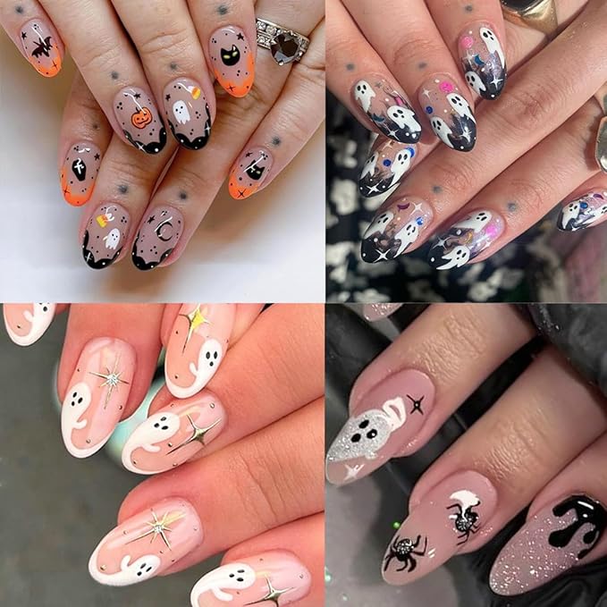 8 Sheets Halloween Nail Art Stickers - Cute Ghost Pumpkin 3D Self Adhesive Decals - Glitter Flower Spooky Design Gothic Bat for Women DIY Manicure Supplies
