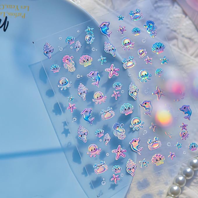 Summer Nail Art Stickers 5D Jelly Embossed Conch Shell Nail Decals Cute Jellyfish Crab Dolphin Starfish Nail Stickers Blue Ocean Animal Nail Supplies for Women Manicure Decoration 1 Sheets