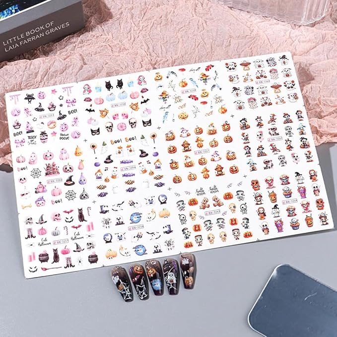 Halloween Pumpkin Nail Art Stickers Decals, 12Pcs Cute Ghost Skeleton Bat Pattern Water Transfer Nail Foils Decals for Halloween Nail Art Decoration Watermark Acrylic Stickers for Manicure DIY Supply