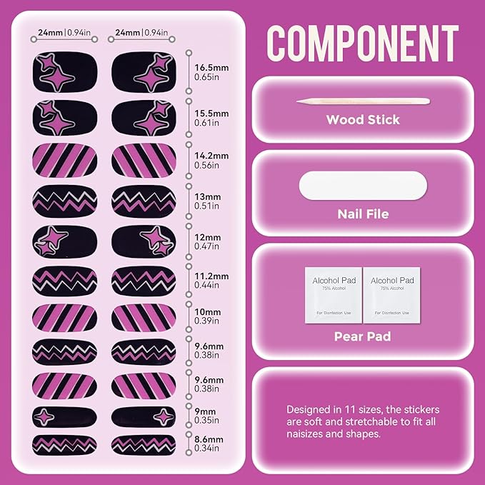 Gloss Nail Strips|Uv Free|22 Pcs,Gel Nail Stickers|Long Lasting Two Weeks and Easy to Apply&Remove|Black Purple Pop