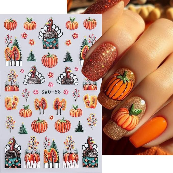 3D Fall Nail Stickers for Nail Art Thanksgiving Pumpkin Nail Art Stickers Maple Leaf Tree Nail Decals Autumn DIY Self Adhesive Nail Design Supplies Nail Decoration for Women Manicure Accessories 4Pcs