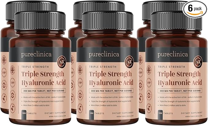 pureclinica Hyaluronic Acid 300mg x 1080 Tablets (6 Bottles of 180 Tablets - 3 Years Supply). Triple Strength Hyaluronic Acid. 300% Stronger Than Any Other HLA Tablet