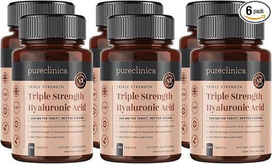 pureclinica Hyaluronic Acid 300mg x 1080 Tablets (6 Bottles of 180 Tablets - 3 Years Supply). Triple Strength Hyaluronic Acid. 300% Stronger Than Any Other HLA Tablet