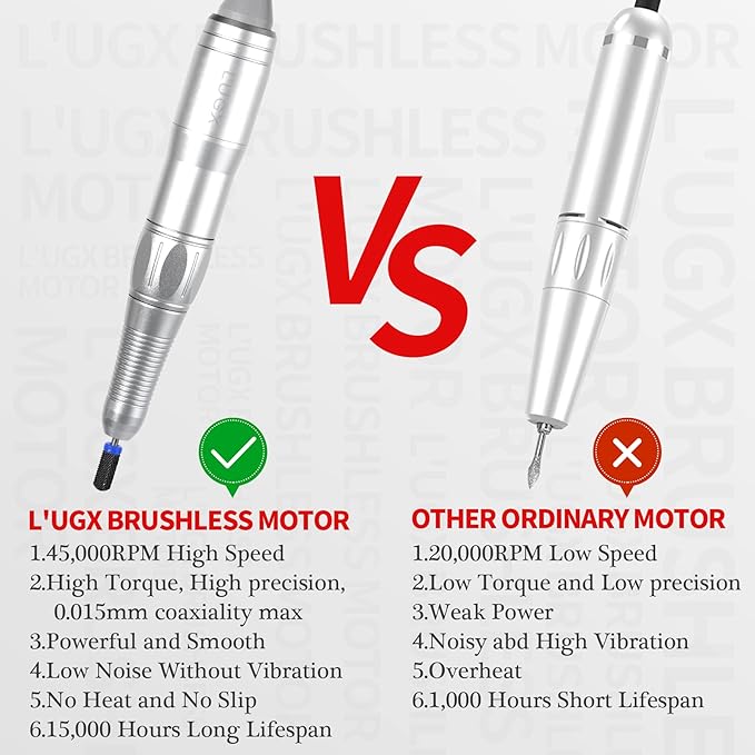 L'UGX Professional Nail Drill, 45000RPM Brushless Electric Nail File Manicure Pedicure with 7 Drill Bits, Perfect for Home Salon Use, Foot Pedal, Low Noise and No Vibration