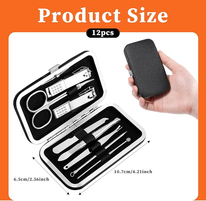 12 Sets Manicure Set Bulk Nail Clippers Pedicure Kit for Men, Nail Grooming Pedicure Kit with Case Travel 8 in 1 Stainless Steel Professional Nail Care Tools Set