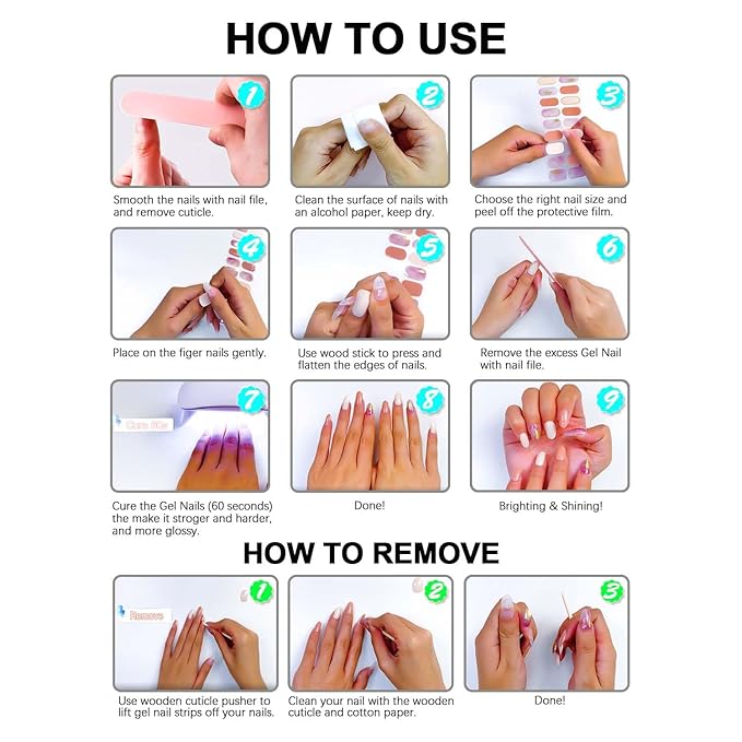 WOKOTO 20 Tips Pink Marble Design Semi-Cured Real Gel Nail Polish Strips Wraps Set With Nail File And Wood Stick On Full Press On Nail Stickers For Women Girls Gel Nail Strips Set Nail Gel Wraps
