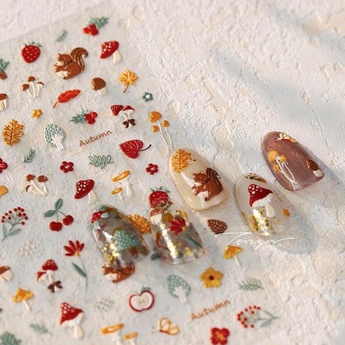 Fall Nail Art Stickers 5D Embossed Mushroom Squirrel Nail Decals 1PCS Autumn Leaves Strawberry Pinecone Autumn Nails Design Engraved Fall Stickers for Thanksgiving Day DIY Manicure Nail Art Decoration