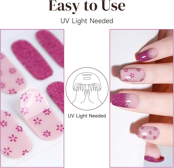 Semi Cured Gel Nail Strips | 28 pcs Gel Nails Strips for Women Work with Any UV Lamp, UV Nail Stickers for Women Home DIY Nails Art (Tiny Flower)