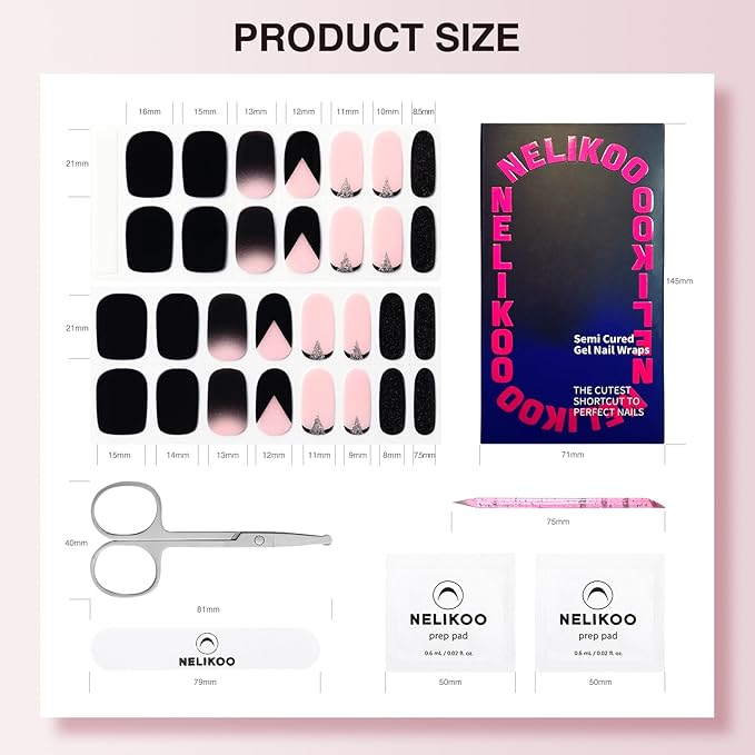Semi Cured Gel Nail Strips - 30PCS Gel Nail Stickers for UV Light, Long-Lasting Gel Nail Wraps, Salon-Quality Semi Cured Nail Stickers, 2 Weeks Wear, Easy DIY Gel Manicure-Urban Noir