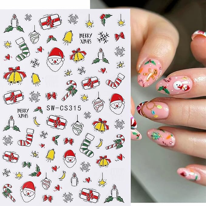 Christmas Nail Art Stickers Decals 3D Christmas Nail Stickers for Nail Art 6PCS Gingerbread Man Candy Cane Santa Claus Holly Cartoon Xmas Nails Design Adhesive Sliders Accessories for Nail Decorations