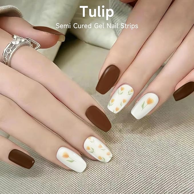 Semi Cured Gel Nail Strips, 28 pcs UV Gel Nail Stickers Full Nails Wraps for Women Home DIY Nails Art, UV Light Required(Tulip)
