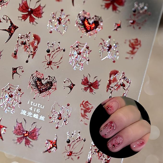 1 Sheets Halloween Nail Stickers for Nail Art 3D Self -Adhesive Spider Web Spider Nail Art Sticker Red Blood Drop Butterfly Heart Designs Stickers Horror Gothic Nail Decal for Women DIY Nail Salon
