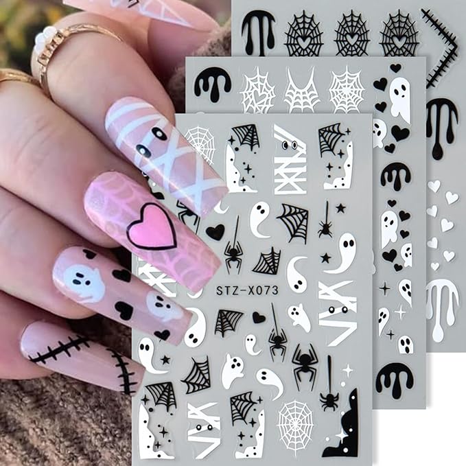 6 Sheets Halloween Nails Stickers Cute Ghost Mummy Nails Art Stickers 3D Self-Adhesive Supplies Nail Decal with Black White Spider Web Design Nail Sticker for Nail Art Women's DIY Decoration