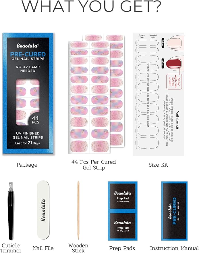 Pre Cured Gel Nail Strips - 44PCS Salon Quality Gel Nail Stickers - Long Lasting Polish Wraps for Women no UV Light Needed Easy Apply& Remove (Dusk Pink）