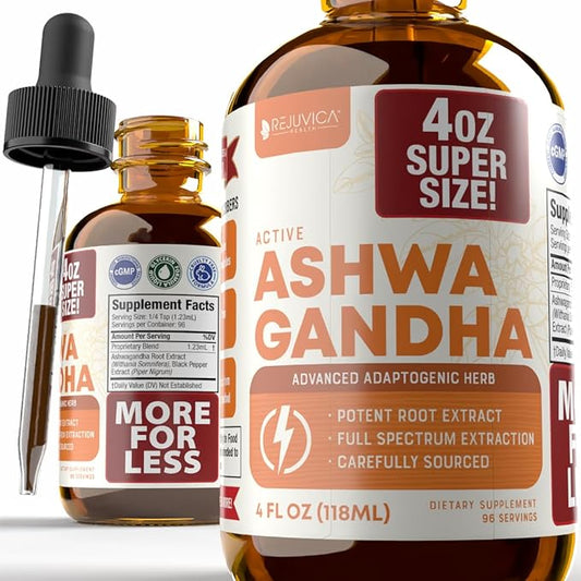 Rejuvica Health Active Ashwagandha 4oz XL Super Size - Advanced Liquid Supplement Tincture - Withania Somnifera Extract Drops - Ashwagandha Roots Only - Naturally Occurring Withanolides