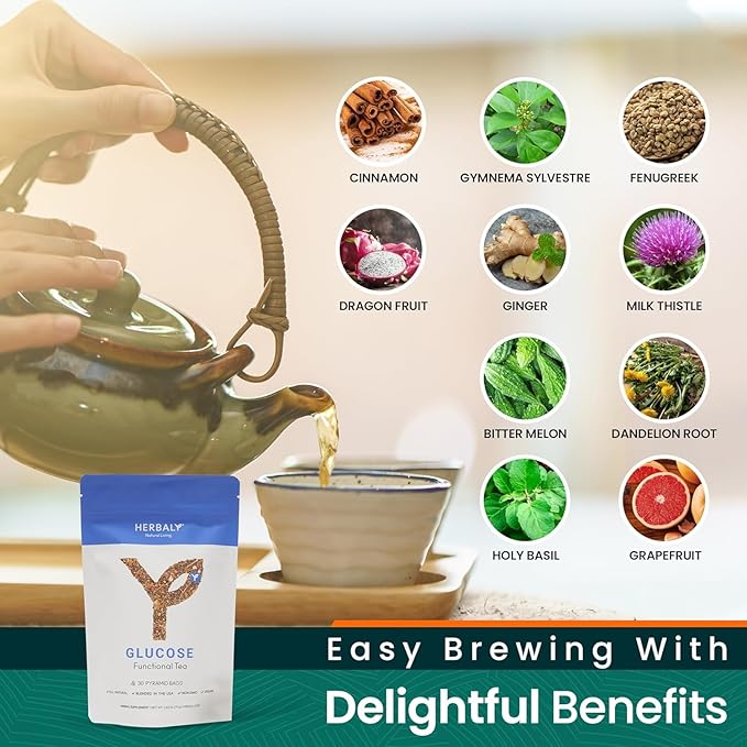 Herbaly Glucose Functional Tea - Vitality & Wellness - Gymnema Sylvestre, Ceylon Cinnamon, Bitter Melon, Dandelion Root, Fenugreek - Daily Teas - Organic Plant-Based Tea Bag Pyramids - 30 ct