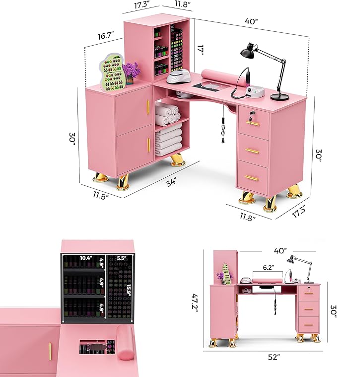 Manicure Table Nail Station w/Dust Collector - L-Shaped Nail Tech Table with Shelves, Storage Cabinets, Drawers, Metal Handles & Legs, Salon Wrist Rest, Beauty Salon Workstation Decor (Pink)