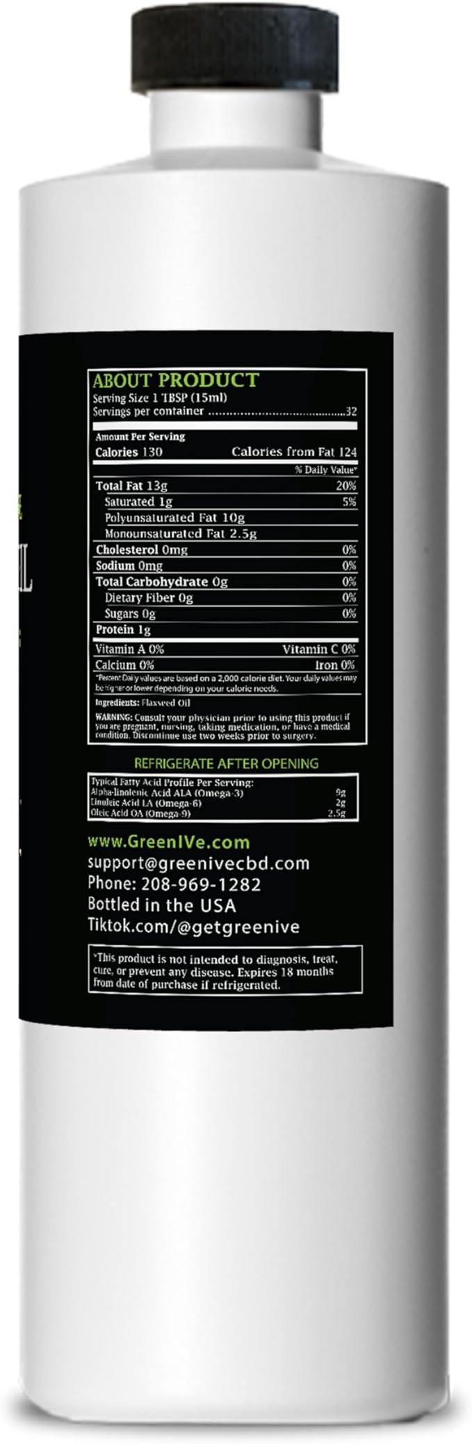 GreenIVe Flax Seed Oil Organically Grown100% Pure Cold Pressed High Vegan Omega Fatty Acids (16 Fl Oz)