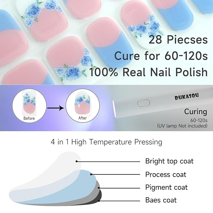 Semi Cured Gel Nail Strips, Blue Rose French | 28 pcs Chinese Style Gel Nail Strips Work with Any UV Lamp, Salon Quality New Chinese Nail Stickers, Include Prep Pads, Nail File&Wood Stick