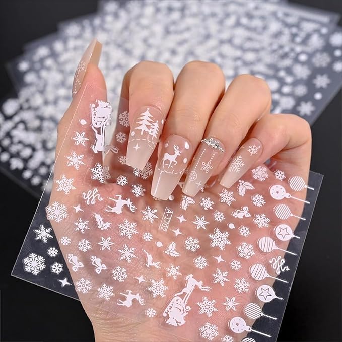12 Sheets Christmas Nail Stickers Snowflake Nail Art Stickers 3D Self-Adhesive Winter Nail Decals Elk Snowman Nail Design Bow Nail Art Supplies Decoration for Women and Girls
