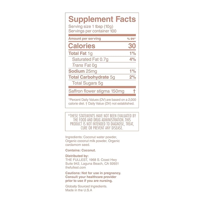 THE FULLEST - Warm Feelings 100-Day Supply Saffron Latte Bulk - Saffron, Cardamom, and Coconut Based Wellness Powder for Mood and Sleep Support, Sugar-Free, Vegan, and Gluten-Free, 100 Servings