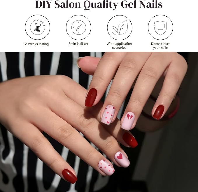 Semi Cured Gel Nail Strips, 28 pcs UV Gel Nail Stickers for Women Wedding Party, Work with Any UV Lamp, Long Lasting Nail Wraps for Home DIY Nails Art (Lover's Love)