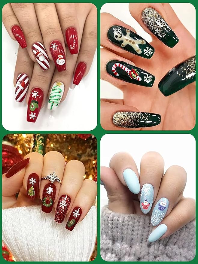 Kalolary 2 Boxes Christmas Nail Art Sequins Sticker, 3D Santa Claus Snowflake Elk Decals for Acrylic Nails, Christmas Tree Wood Pulp Glitter Flakes for Winter Nail Art Decorations