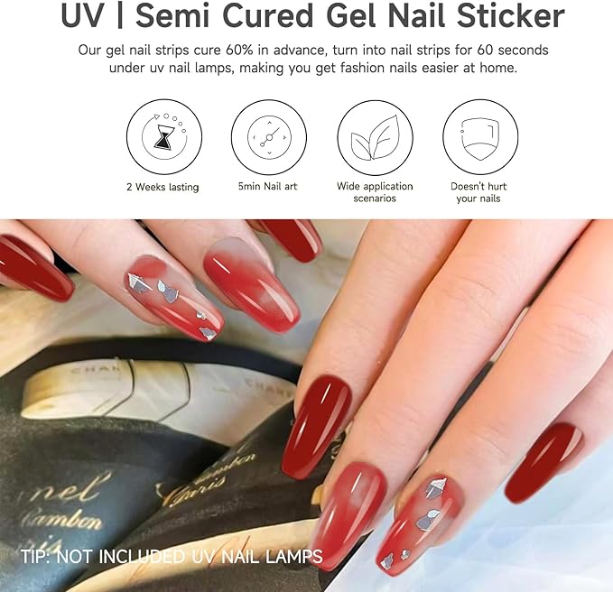 Semi Cured Gel Nail Strips | 28 pcs Gel Nails Strips Work with Any UV Lamps, Long Lasting UV Nail Stickers for Women DIY Nails Wraps(Scarlet Meteor)