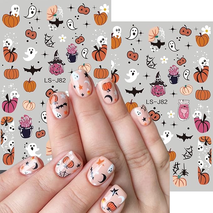 12 Sheet Halloween Nail Stickers Cute Pumpkin Bat Spider Cat Self-Adhesive Halloween Stickers for Nails for Women Halloweens DIY Manicure Supplies