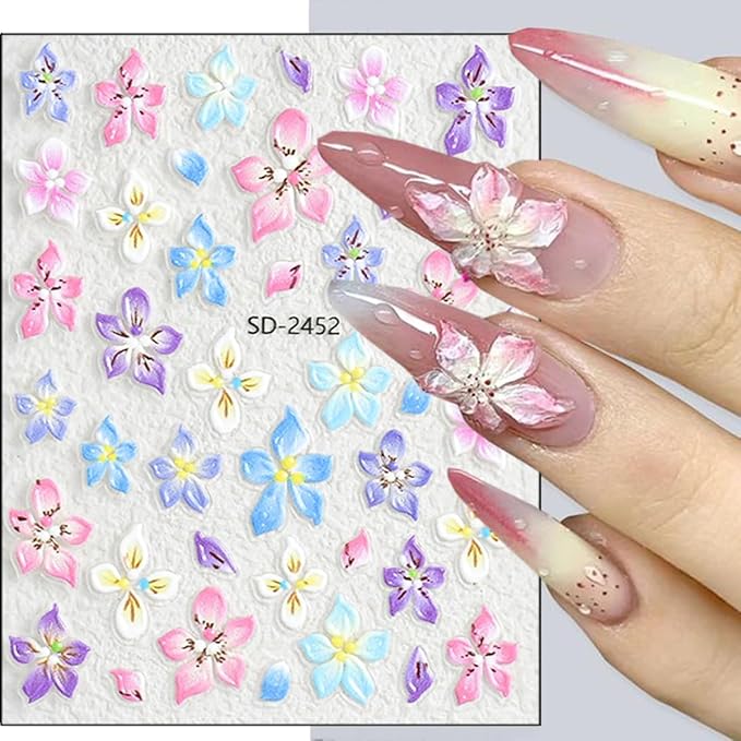 Summer Flower Nail Art Stickers Decals 5D Micro Embossed Hawaiian Flowers Nail Decals Tropical Ocean Starfish Summer Nail Stickers Lily Hibiscus Design Floral Nail Supplies for Acrylic Manicure 3Pcs