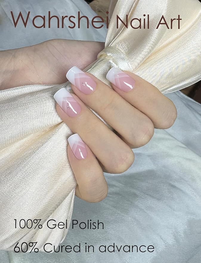 Semi Cured Gel Nail Strips, 20pcs French Gradient Gel Nail Stickers Work with UV, Easy to Use and Remove