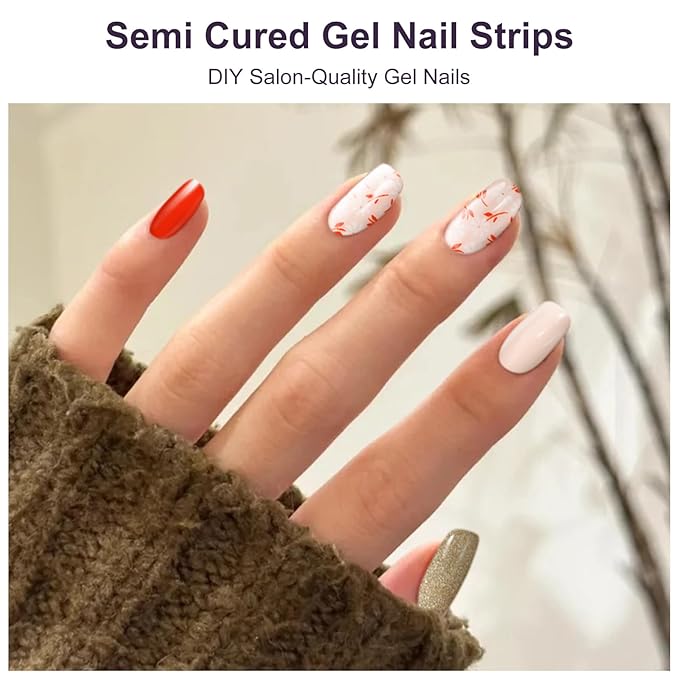 Semi Cured Gel Nail Strips,28 Pcs Fall Nail Stickers for Women,UV Gel Strips Work with Any UV Lamp, Long Lasting, Includes Prep Pads, NailFile & Wood Stick