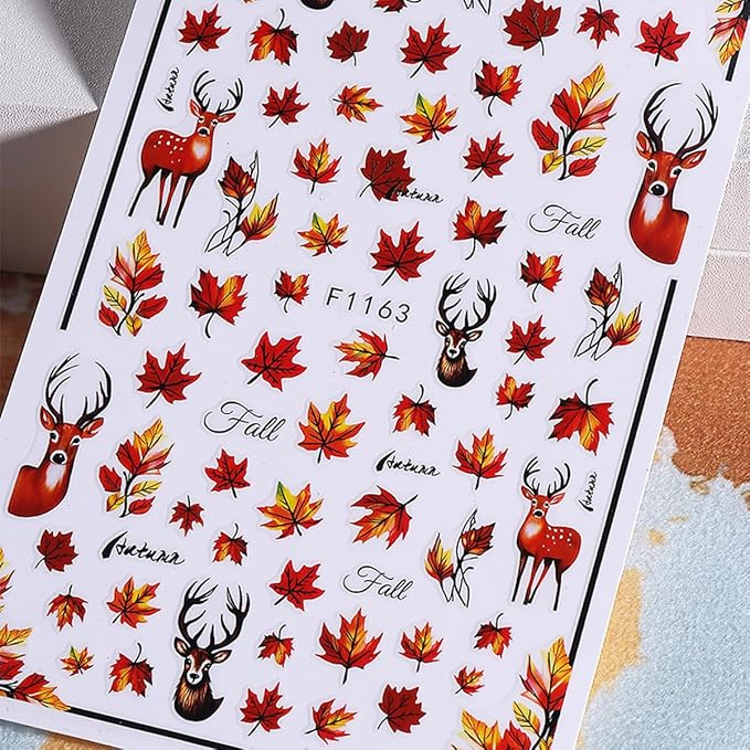 Fall Nail Art Stickers Decals 3D Autumn Maple Leaf Nail Stickers Self-Adhesive Nail Art Supplies 6PCS Autumn Leaves Deer Fall Nails Design Manicure Sliders for Women Thanksgiving Day Nail Decorations