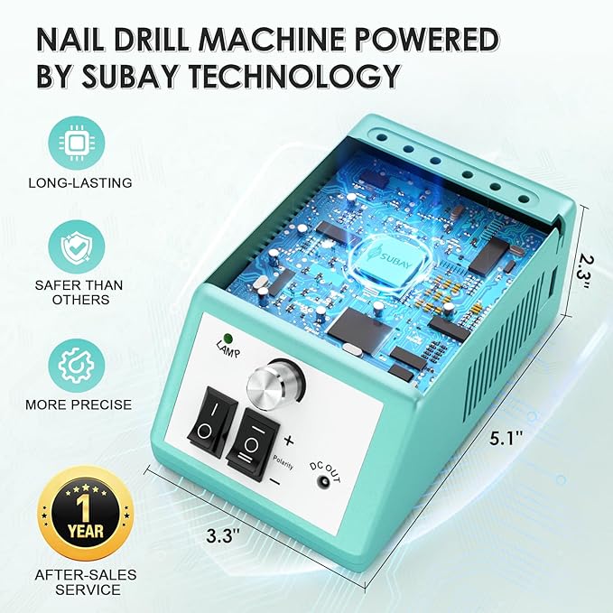 SUBAY Professional Finger Toe Nail Care Electric Nail Drill Machine Manicure Pedicure Kit Electric Nail Art File Drill with 1 Pack of Sanding Bands (Green)