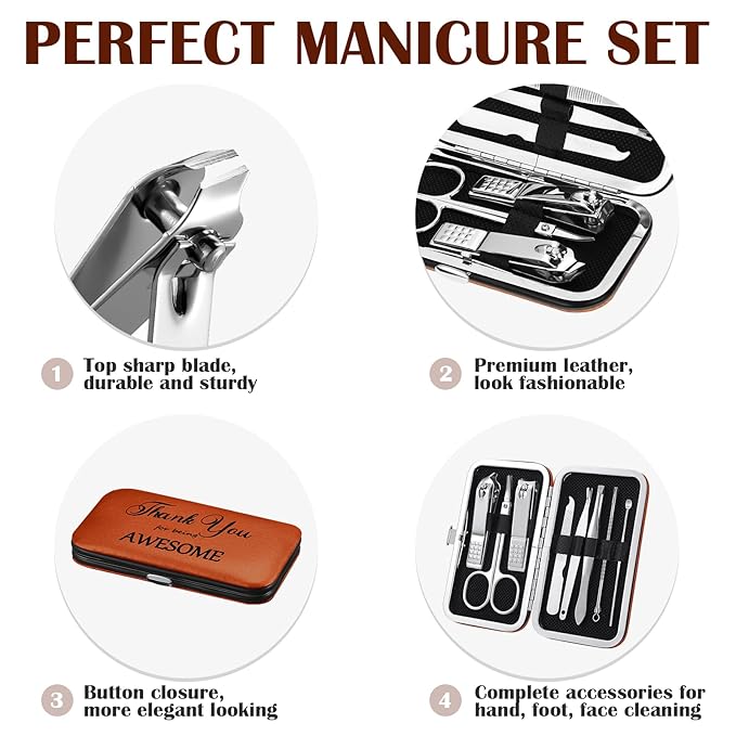 Therwen 24 Sets Manicure Set Nail Clippers 8 in 1 Stainless Steel Grooming Nail Kit Thank You Appreciation Gift Professional Pedicure Tool for Men Women Personal Care(Brown)