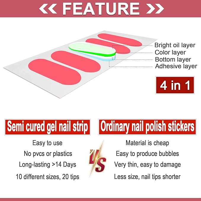 WOKOTO 20 Pcs Chrome Peach Pink Semi Cured Gel Nail Strips with Nail File & Wooden Stick Holographic Nail Gel Strips UV Light Gel Nail Stickers Full Nail Wraps Stick On Nails Color Strips for Women